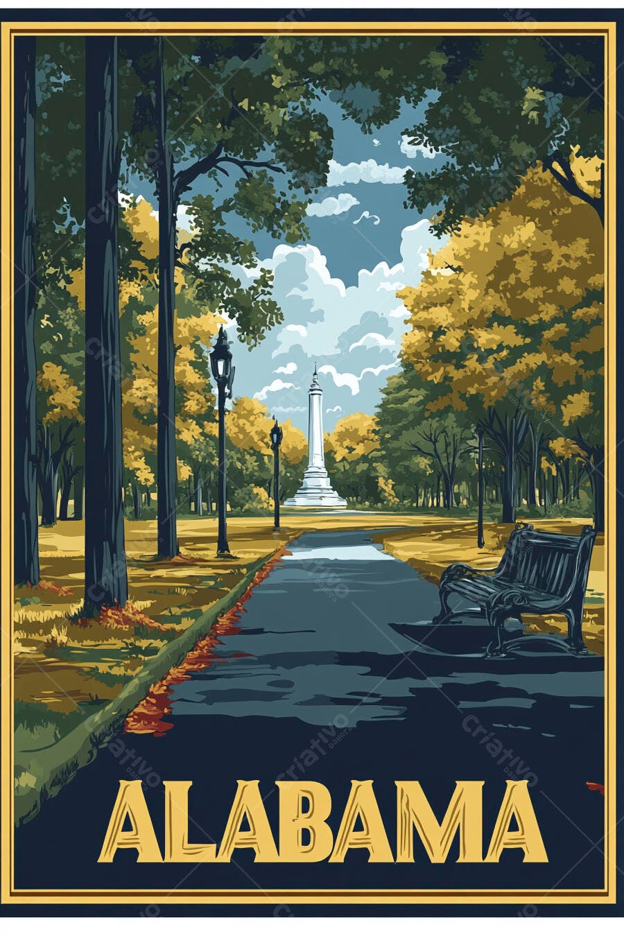 Ilustração Parque Alabama com Monumento e Banco