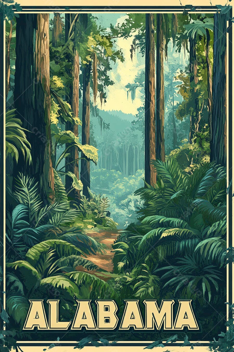 Pôster Vintage Alabama Floresta Tropical Ilustração