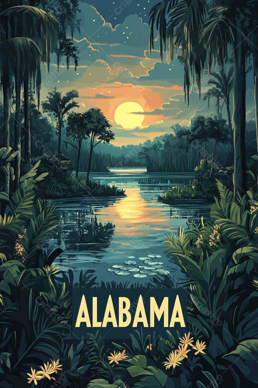 Ilustração Alabama Pôr do Sol Rio Tropical Palmeiras