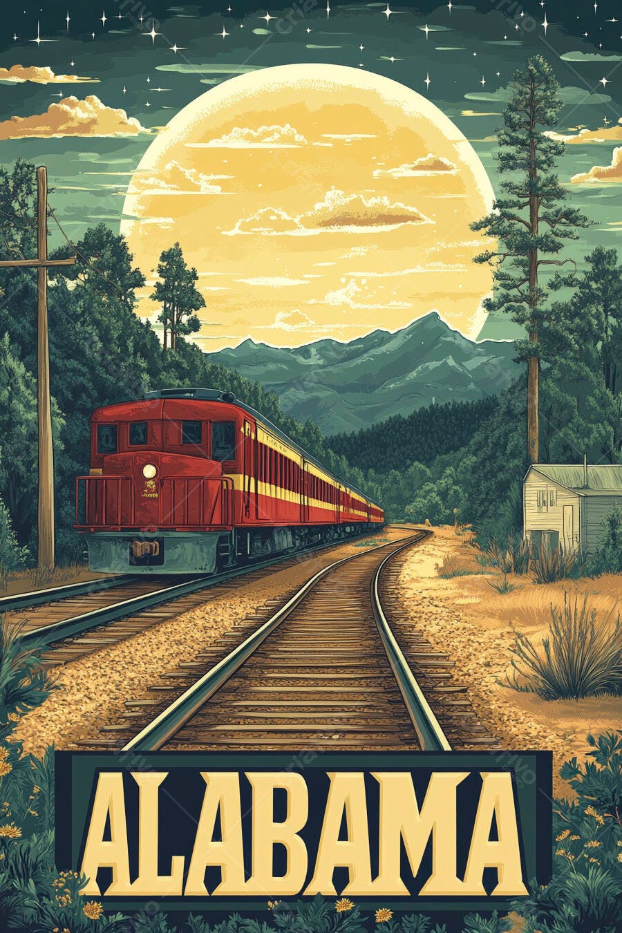 Trem Vermelho Trilhos Alabama Lua Cheia Noite Estrelada