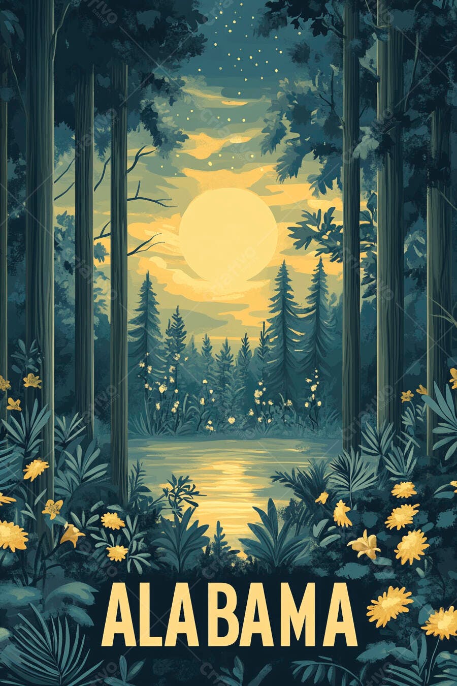 Ilustração Floresta Lago Lua Cheia Alabama Noturna