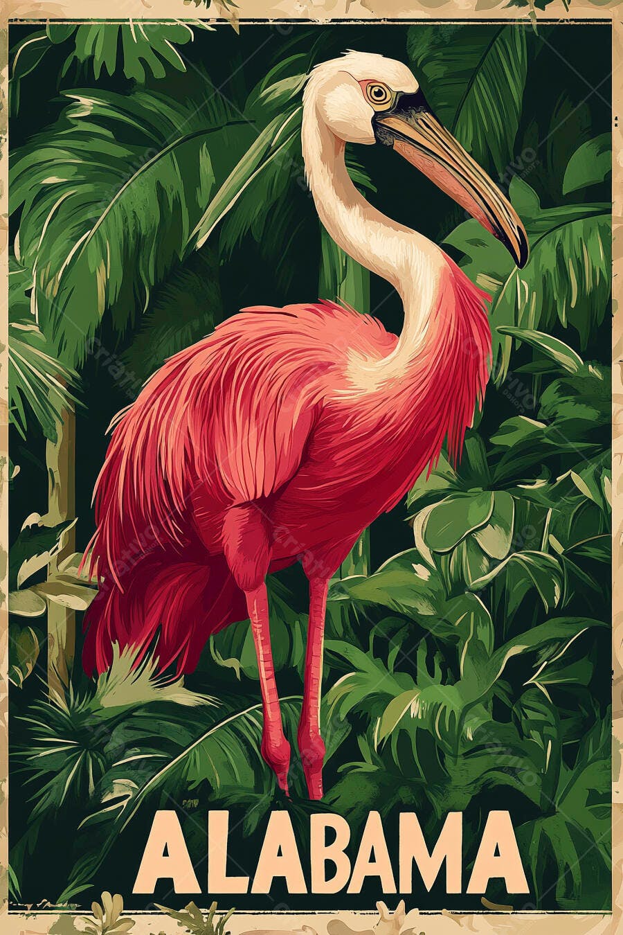 Pôster Vintage Alabama Flamingo Rosa Folhagem Tropical