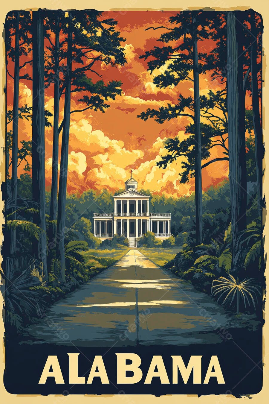 Pôster Vintage Alabama Mansão Histórica Floresta Por do Sol