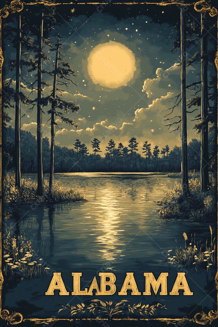Ilustração Vintage Lago Floresta Lua Cheia Noite Estrelada Alabama