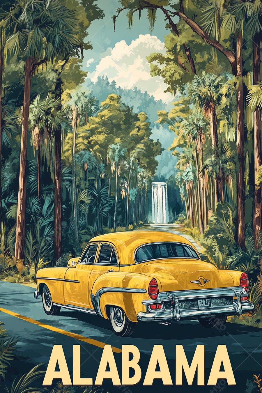 Pôster Vintage Carro Clássico Amarelo Alabama Floresta