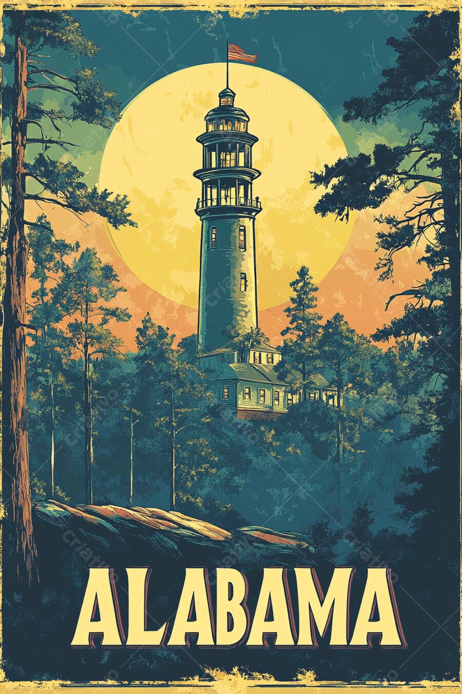 Cartaz vintage Alabama farol floresta densa pôr do sol amarelo