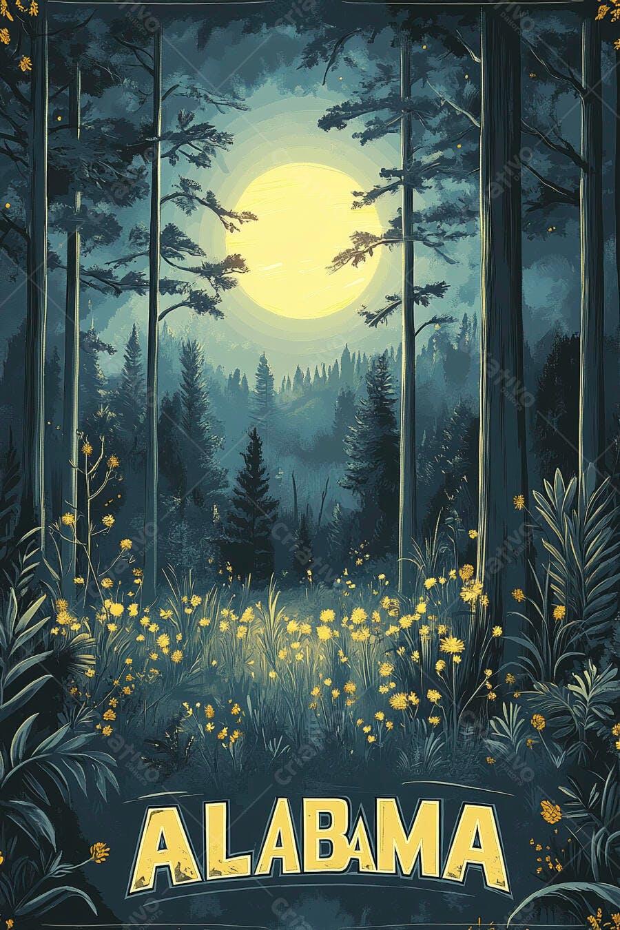 Ilustração floresta noturna Alabama lua cheia e campo de flores amarelas