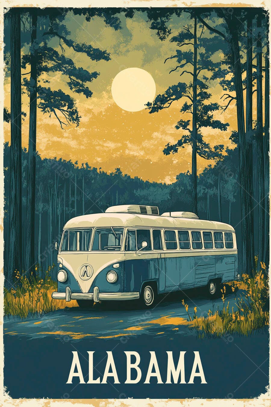 Ônibus vintage em floresta do Alabama ao pôr do sol