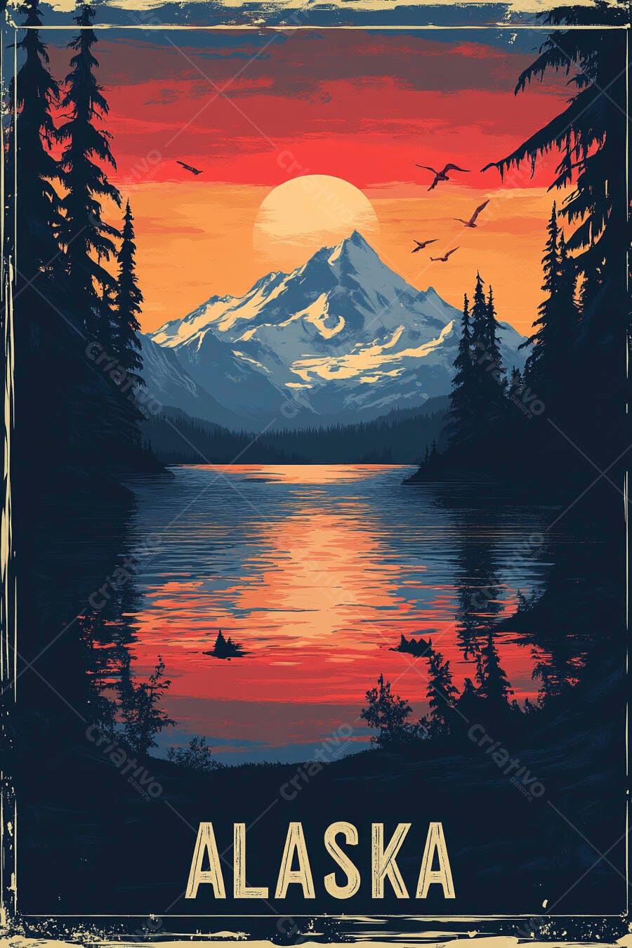 Pôster Vintage Alaska Montanhas Lago Pôr do Sol