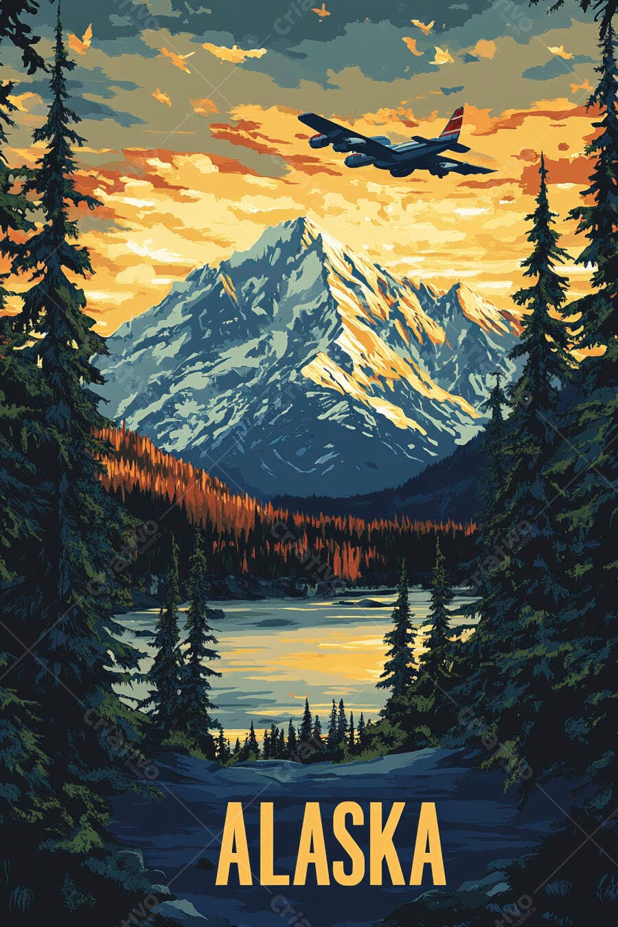 Ilustração Avião Montanhas Alasca Lago Pôr do Sol Vintage