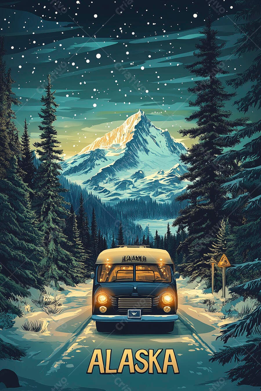 Ilustração Ônibus Vintage Viagem Alasca Montanhas Nevadas Noite