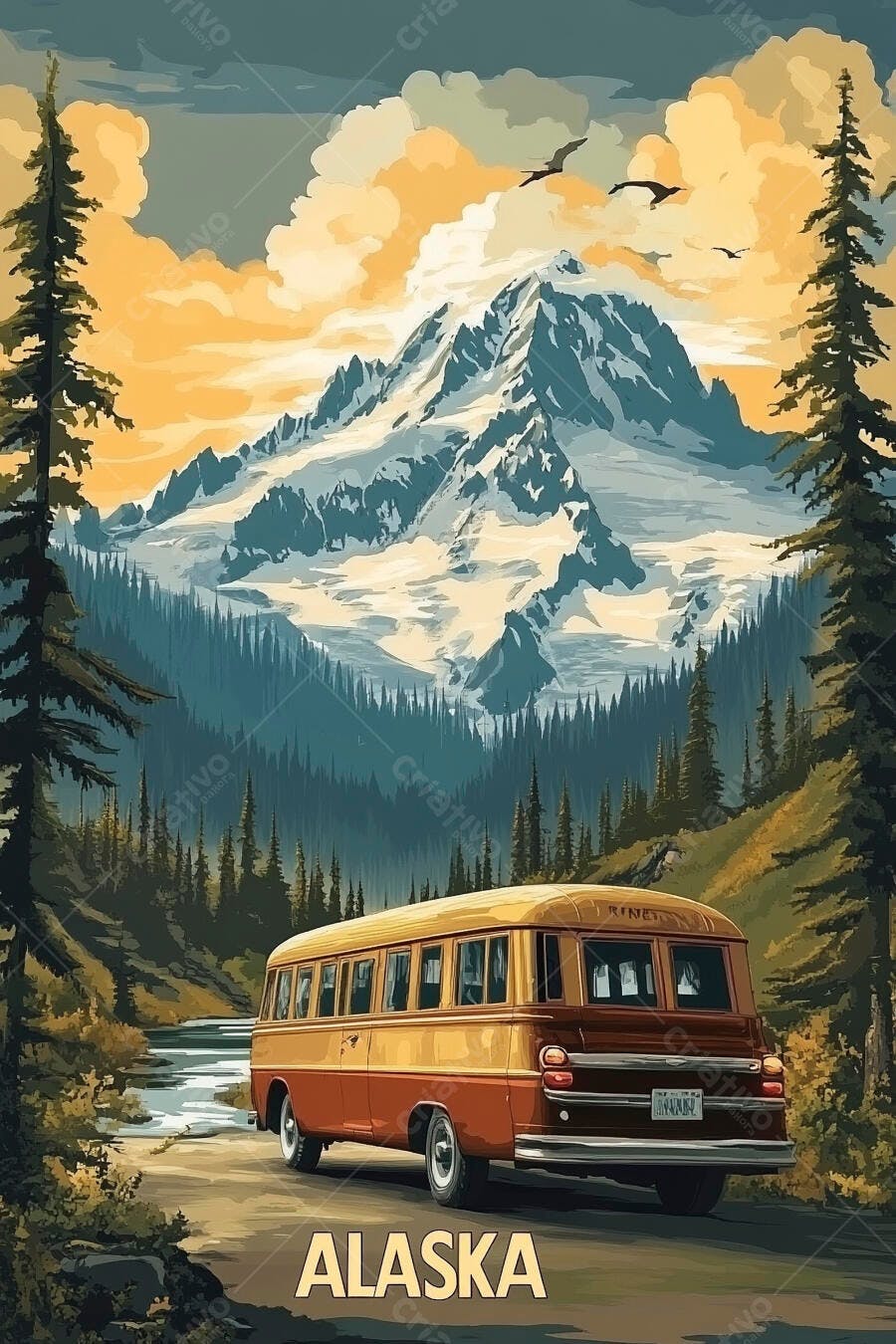 Ilustração Ônibus Vintage Viagem Alasca Montanhas Nevadas