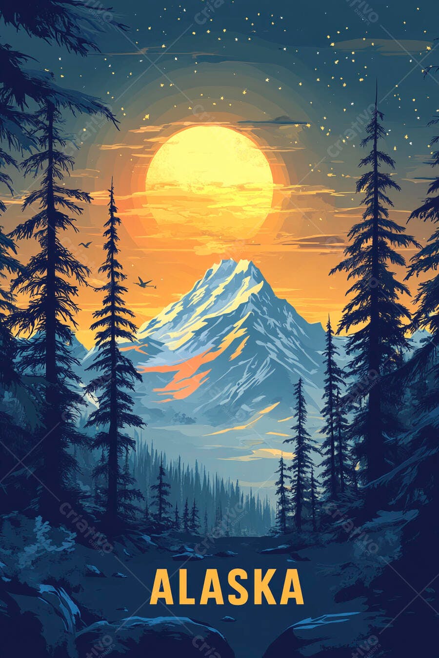 Ilustração Alaska Montanhas e Floresta Pinheiros Pôr do Sol