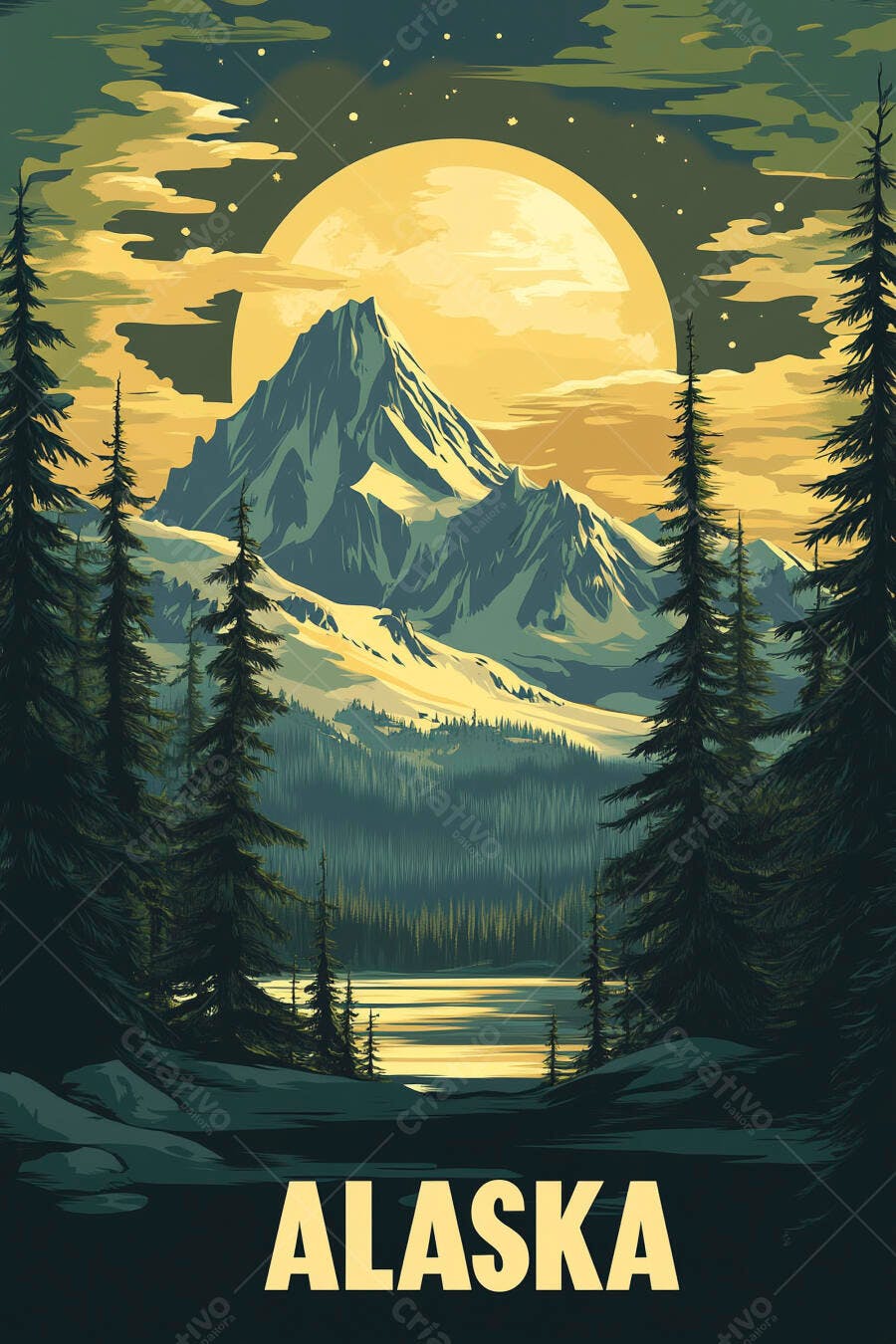Ilustração Montanhas Alasca Lago Pinheiros Noite Lua Cheia