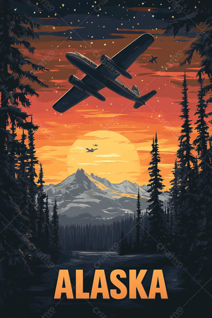 Ilustração Avião Vintage Voando Alasca Pôr do Sol Montanhas