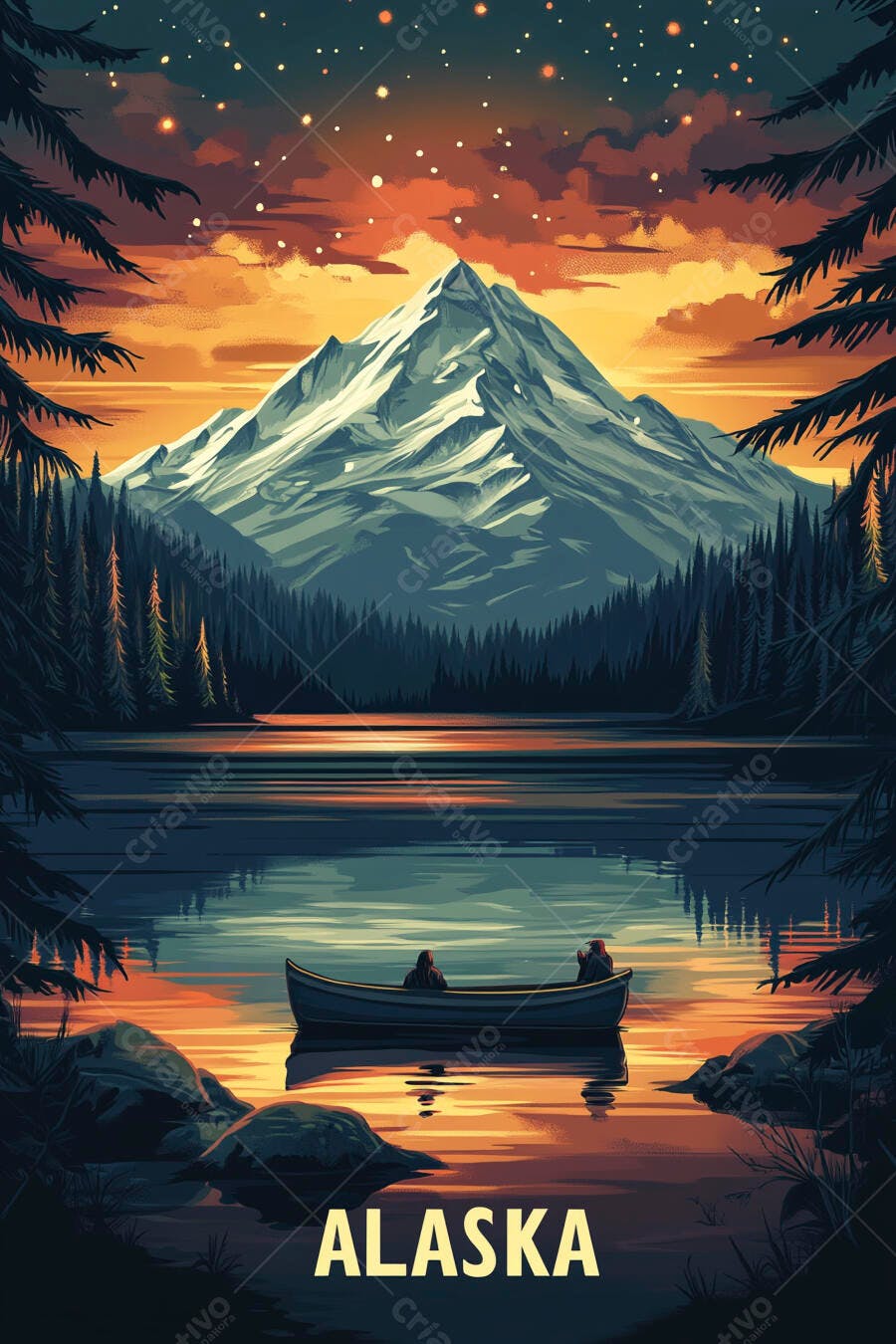 Ilustração Alasca Montanha Lago Barco Pôr do Sol