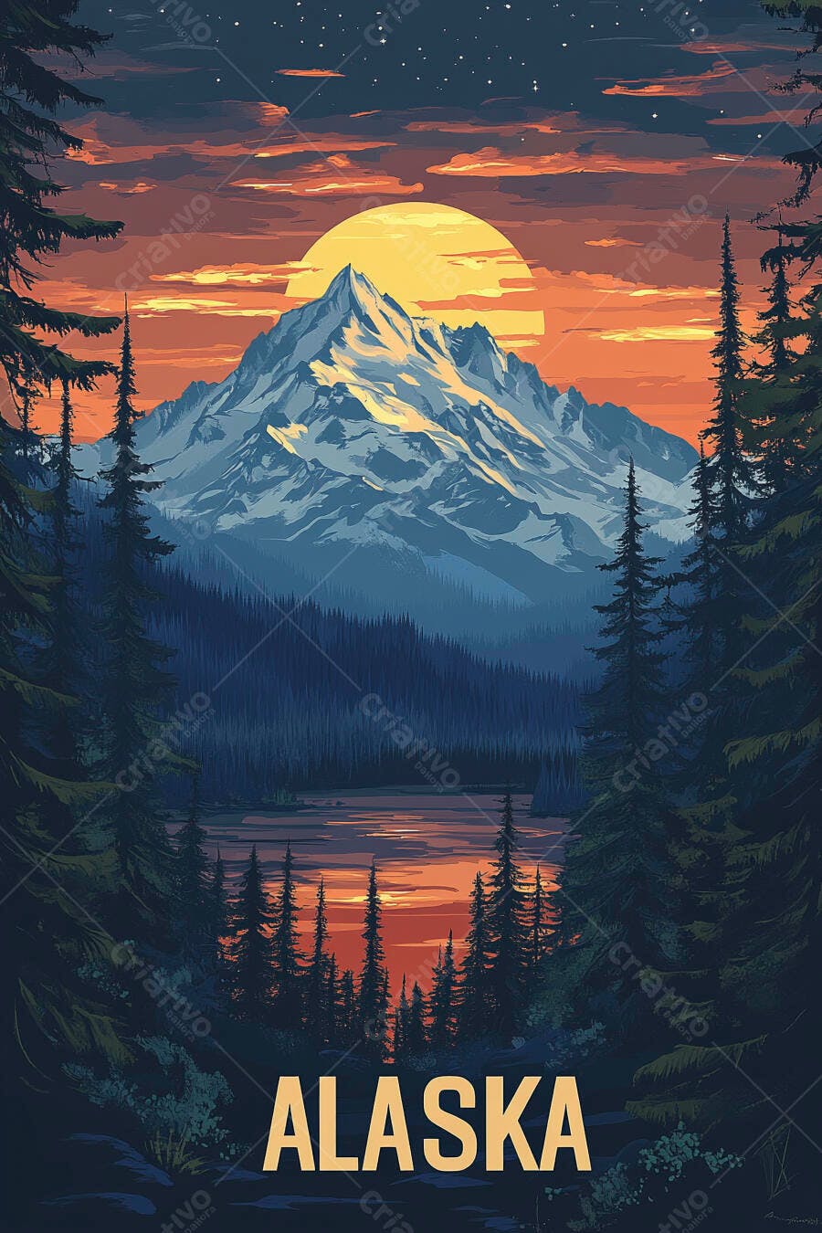 Paisagem Montanha Nevada Pôr do Sol Lago Floresta Alaska