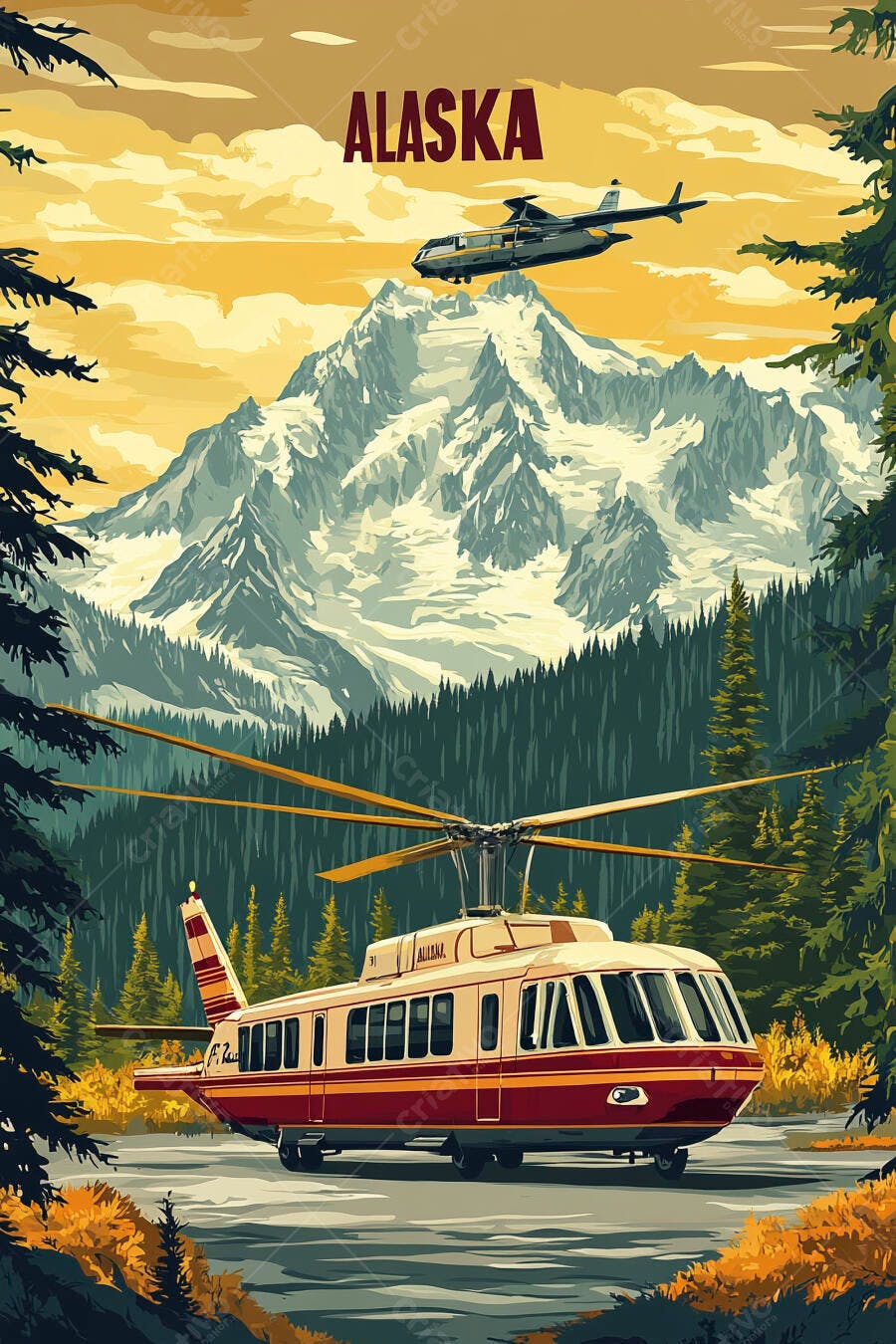 Ilustração Vintage Alasca Montanhas Helicóptero Avião