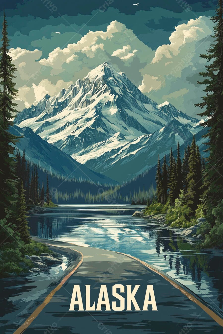 Ilustração Montanhas Nevadas Alasca Estrada Lago