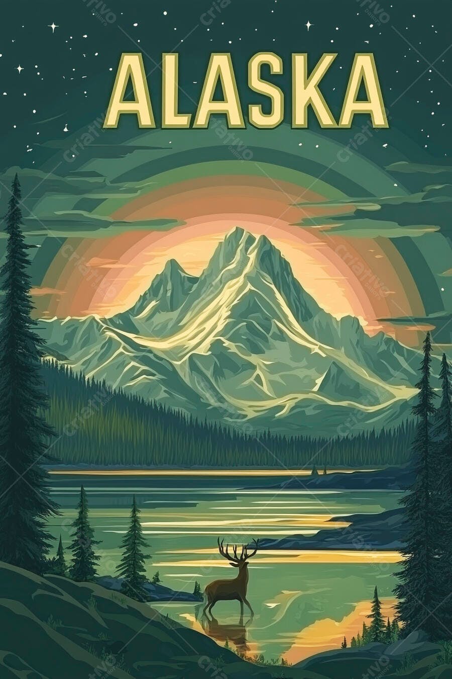 Pôster Vintage Alaska Montanhas Lago Veado Floresta