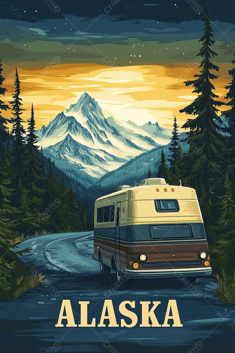Foto Motorhome Estrada Montanhas Alasca Pôr do Sol