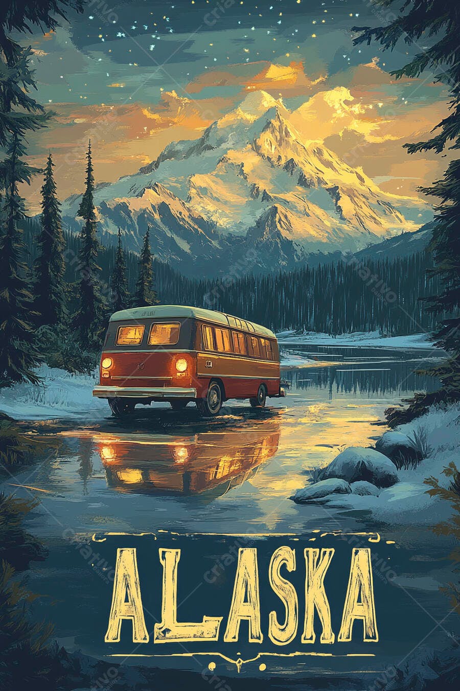 Ônibus Vintage Montanhas Nevadas Alaska Inverno Ilustração