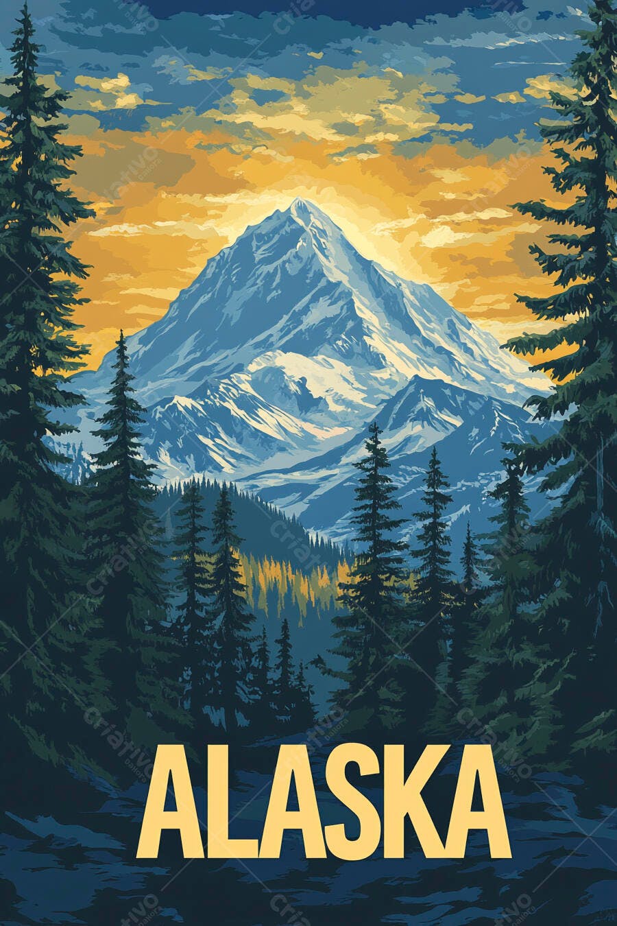 Ilustração Montanha Nevada Floresta Pôr do Sol Alasca