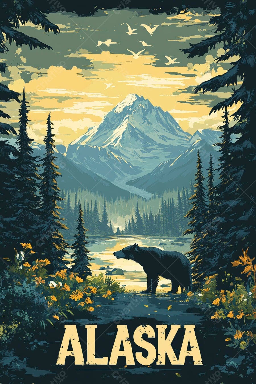 Ilustração Urso Negro Montanhas Alasca Natureza Selvagem