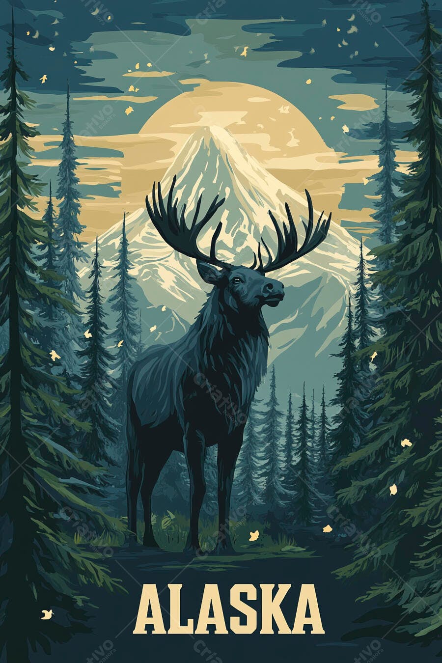Ilustração Alce Montanhas Floresta Alaska Pôster Vintage