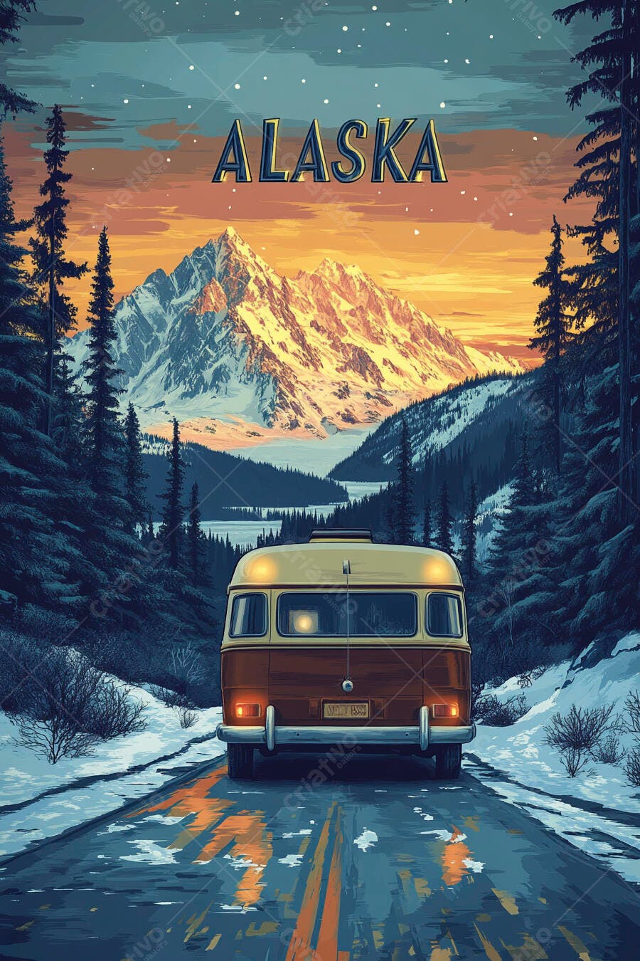 Ilustração Ônibus Retrô Estrada Nevasca Montanhas Alaska