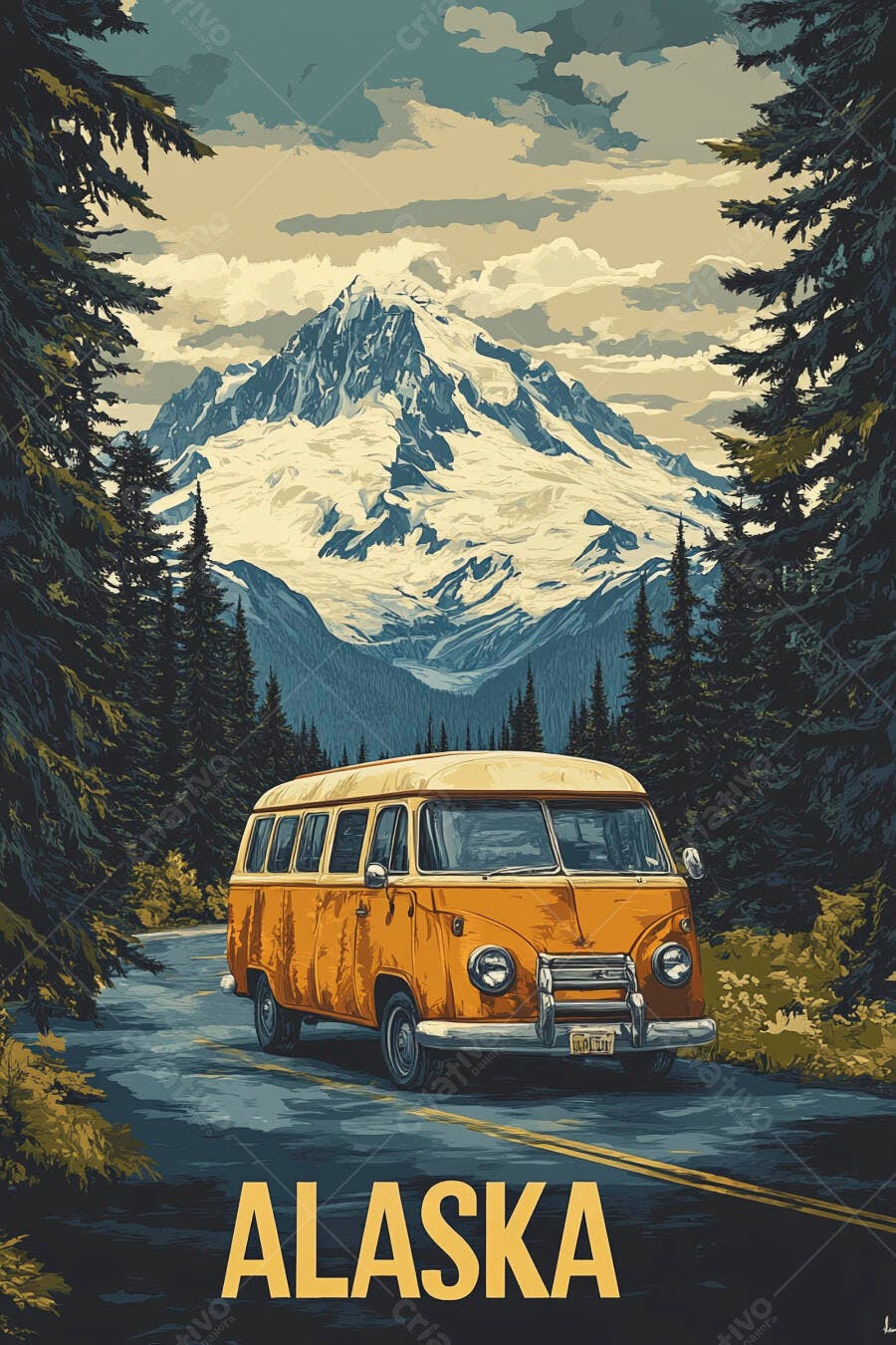 Ilustração Kombi Vintage Estrada Montanha Alaska