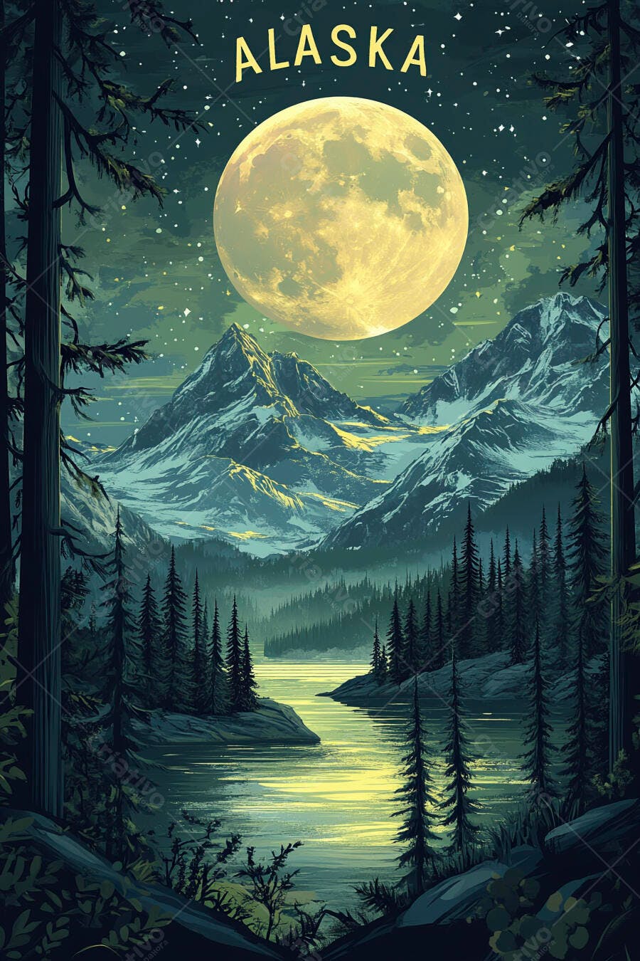 Ilustração Alasca Montanhas Floresta Rio Lua Cheia Noite