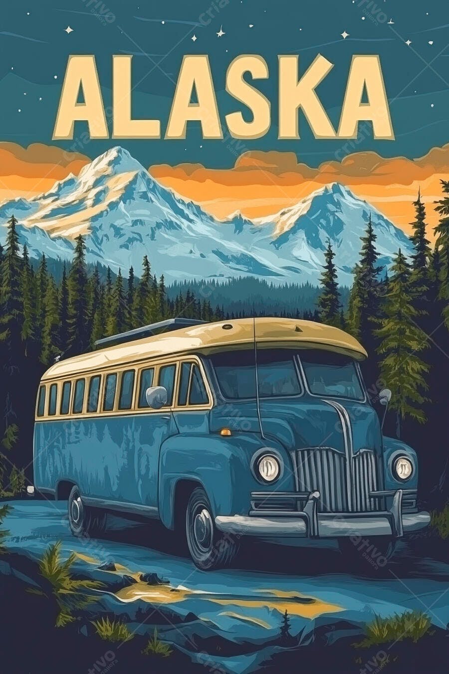 Pôster Vintage Alaska Ônibus Antigo Montanhas Neve