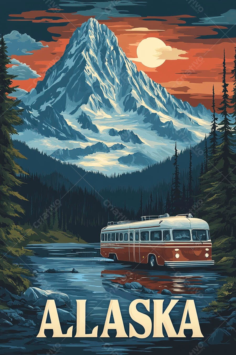 Ilustração Vintage Ônibus Alaska Montanhas Nevadas Pôr do Sol