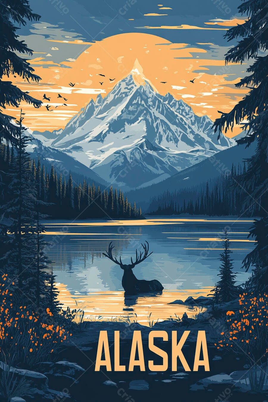 Ilustração Alasca Montanhas Cervo Lago Pôr do Sol