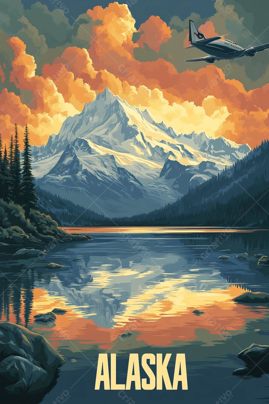 Ilustração Alaska Montanhas Lago Avião Céu Laranja