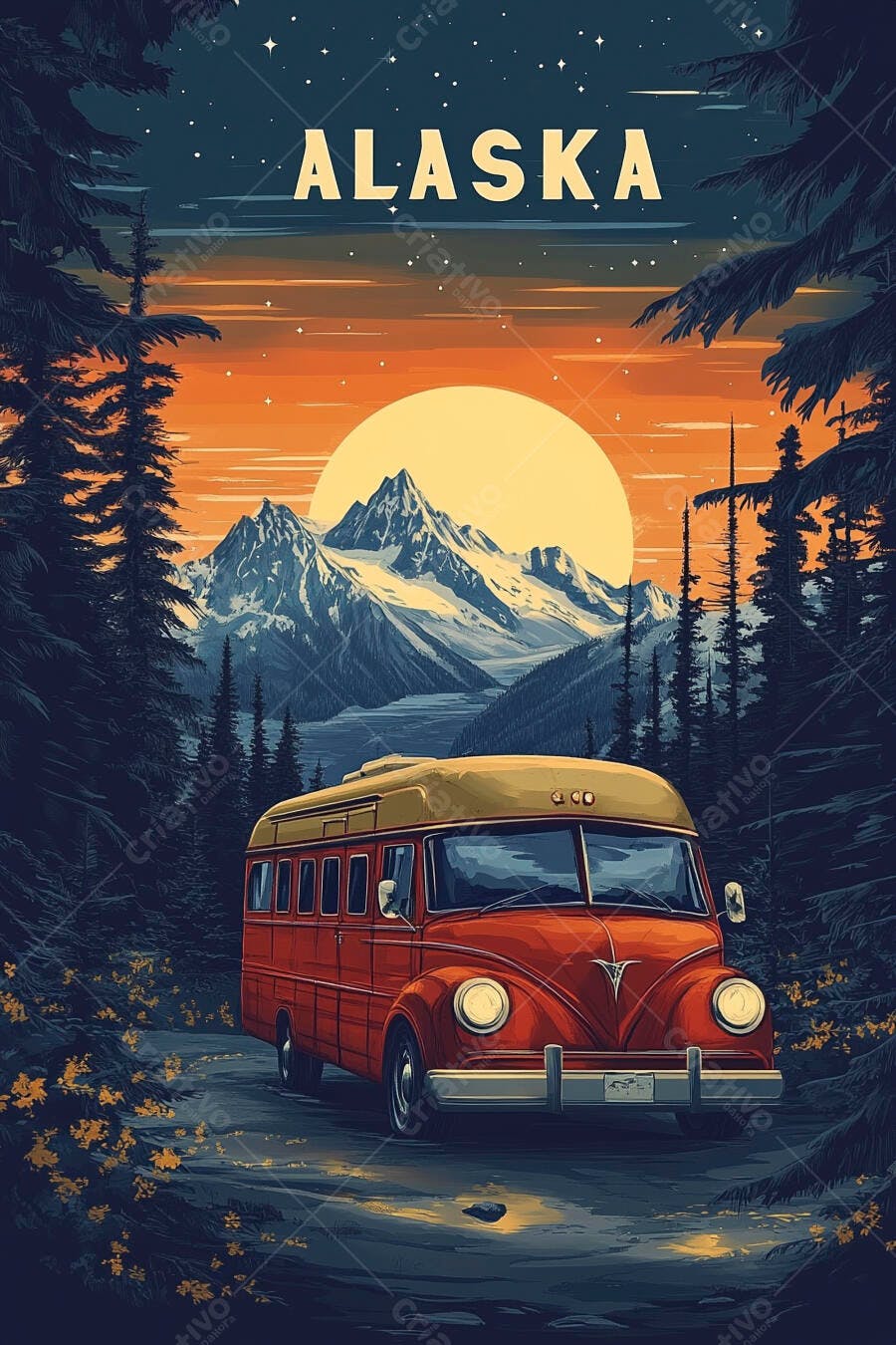Ilustração Ônibus Vintage Viagem Alasca Montanhas Pôr do Sol