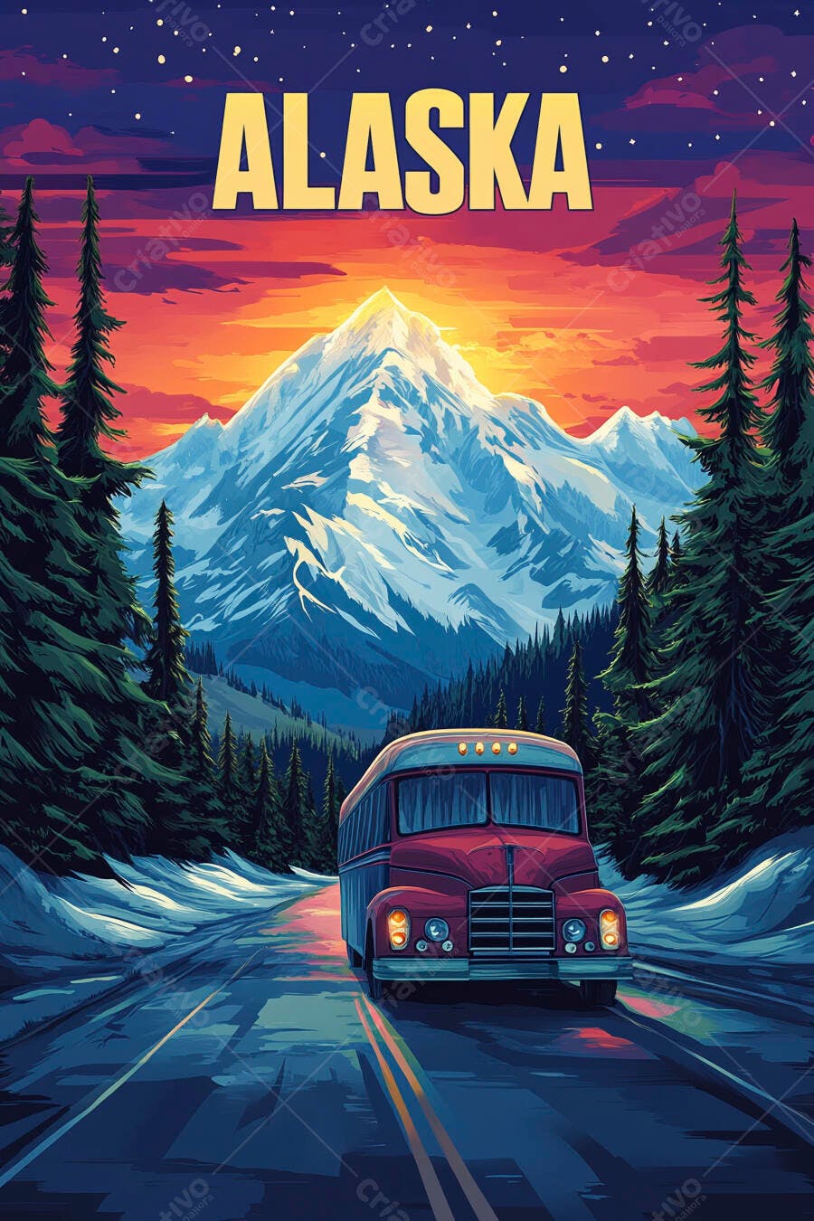 Pôster Alaska Ônibus Vintage Neve Montanhas Pôr do Sol