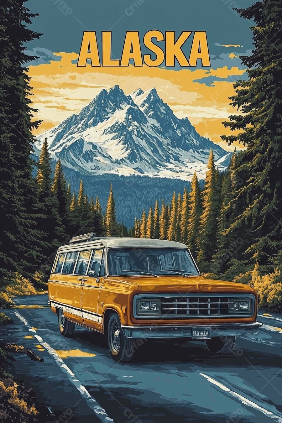 Pôster Vintage Alaska Montanhas Carro Estrada Viagem
