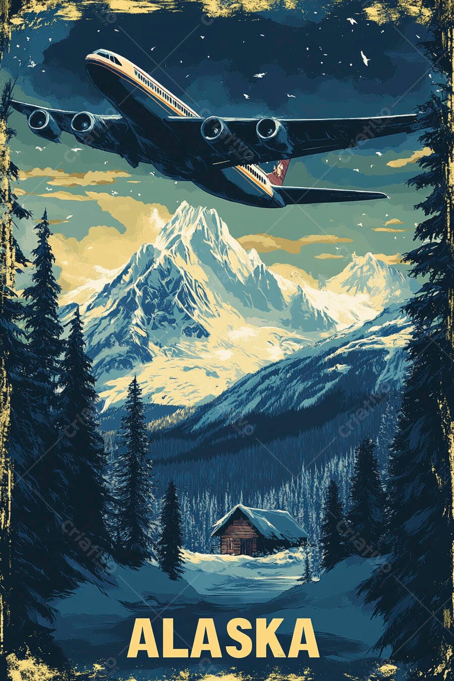 Ilustração Avião Voando Montanhas Nevadas Alasca Cabana Inverno