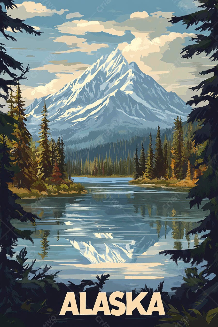 Ilustração Montanhas Nevadas Lago Floresta Alaska