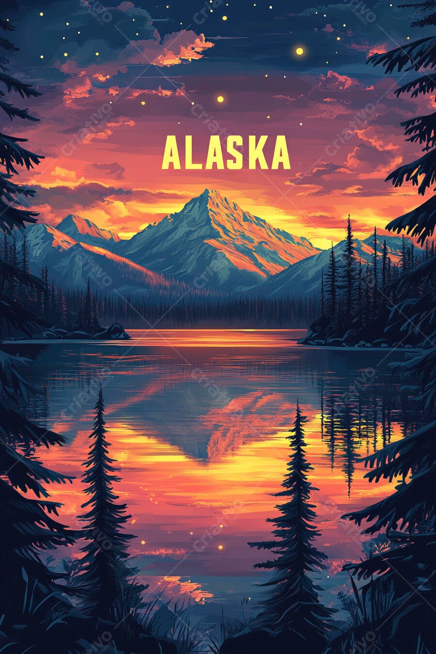 Ilustração Alaska Montanhas Lago Pôr do Sol Pinheiros