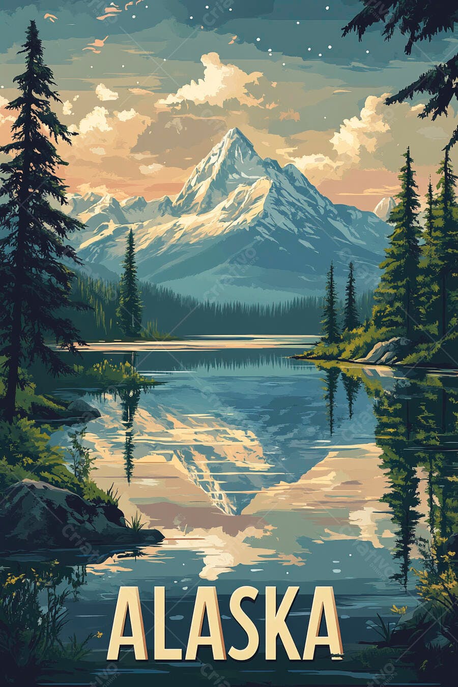 Ilustração Alasca Montanhas Nevadas Lago Pôr do Sol