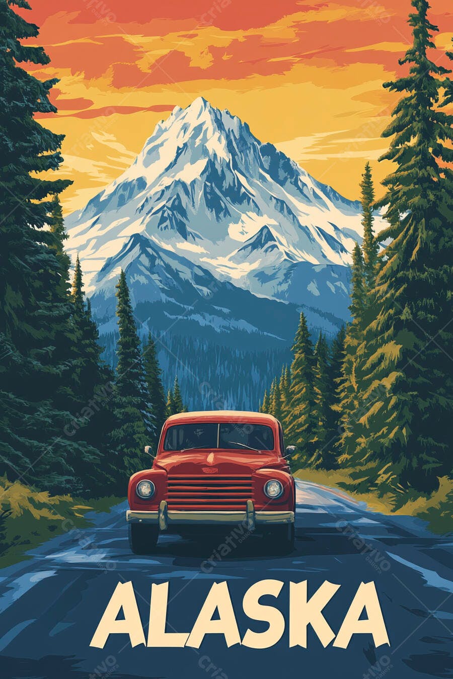 Ilustração Vintage Carro Vermelho Estrada Montanhas Alasca