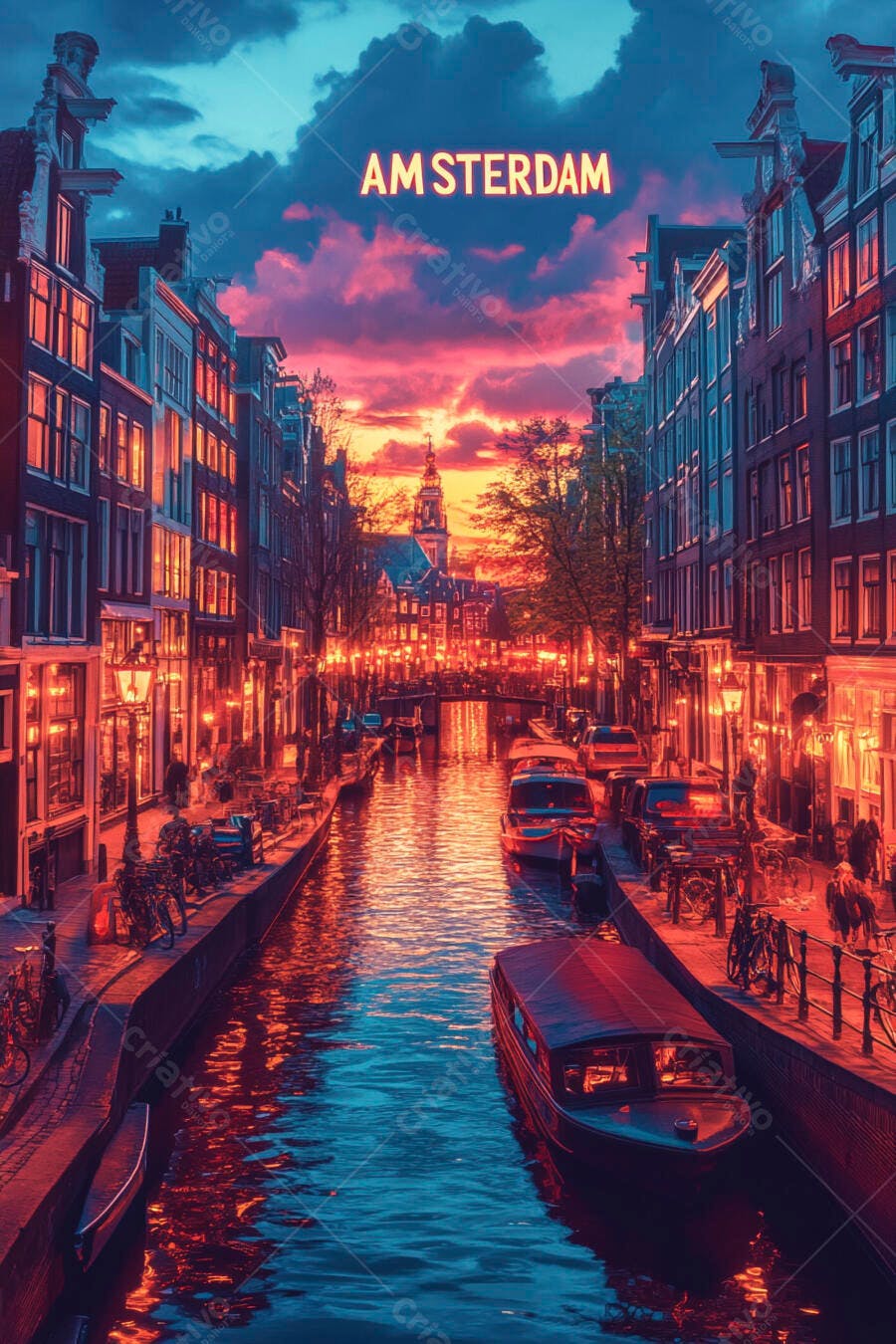 Foto Canal de Amsterdã Pôr do Sol Céu Rosa e Azul