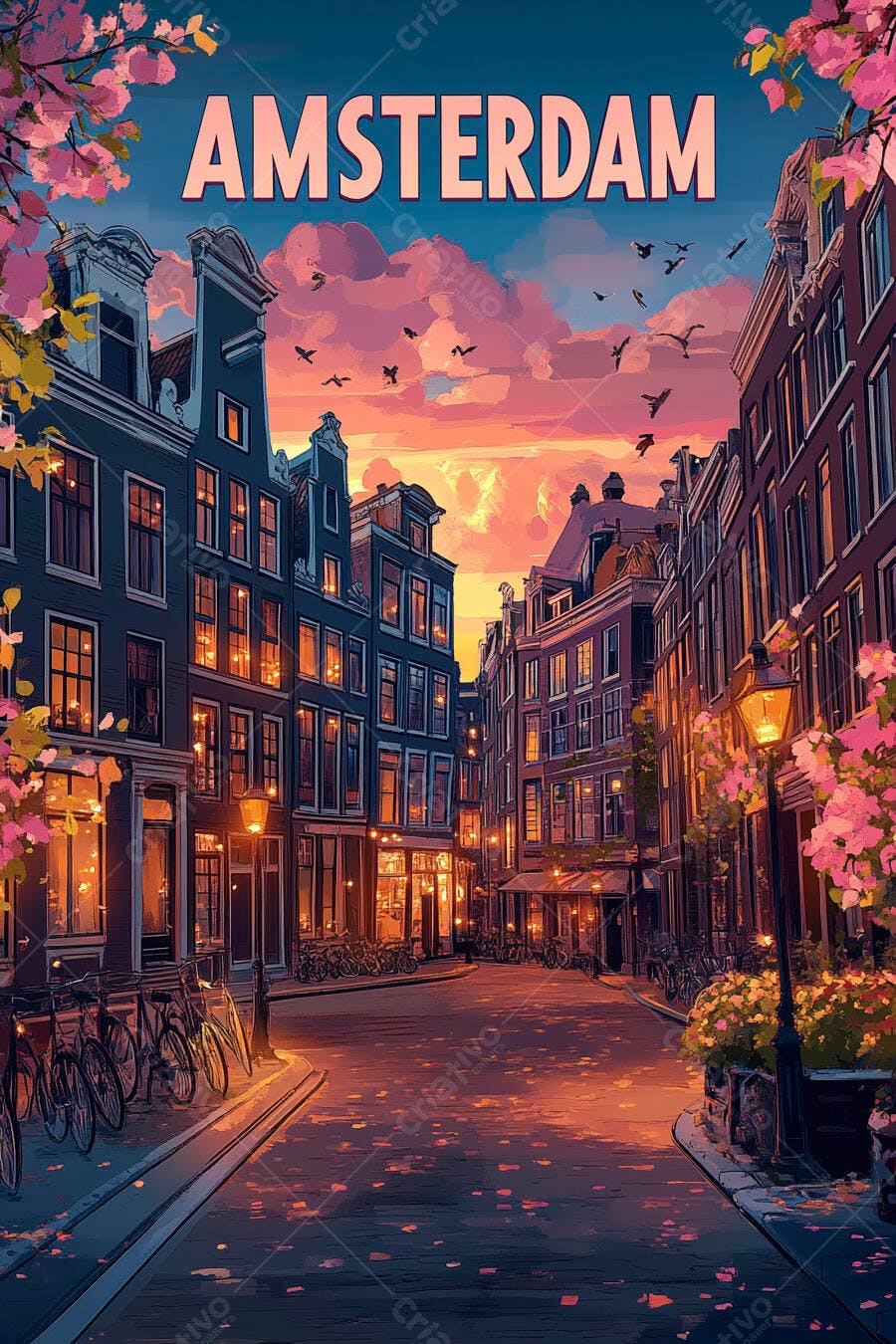 Ilustração Amsterdã Entardecer Edifícios Flores Bicicletas