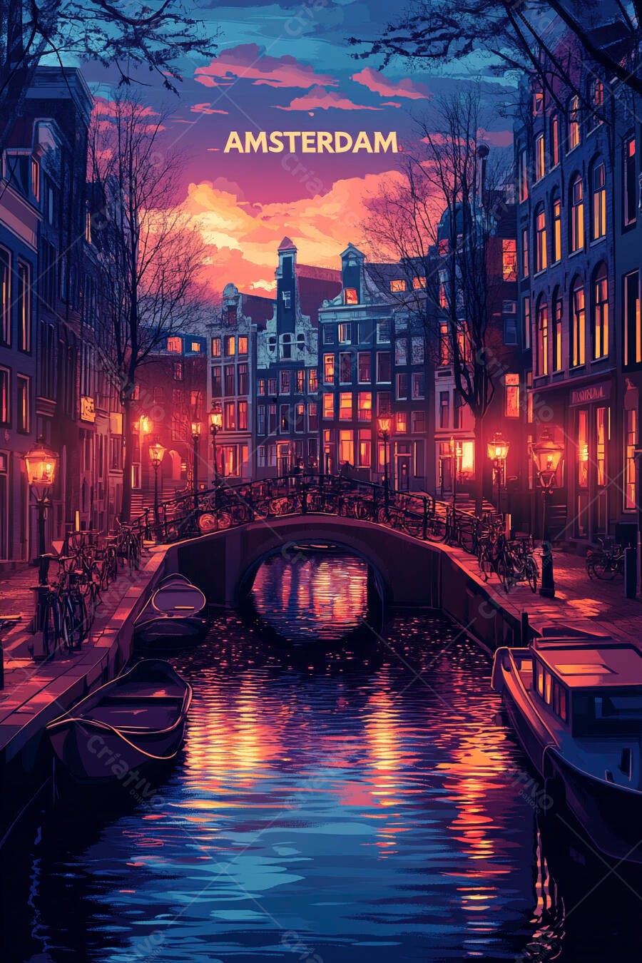 Ilustração Amsterdam Entardecer Canal Barcos Pontes