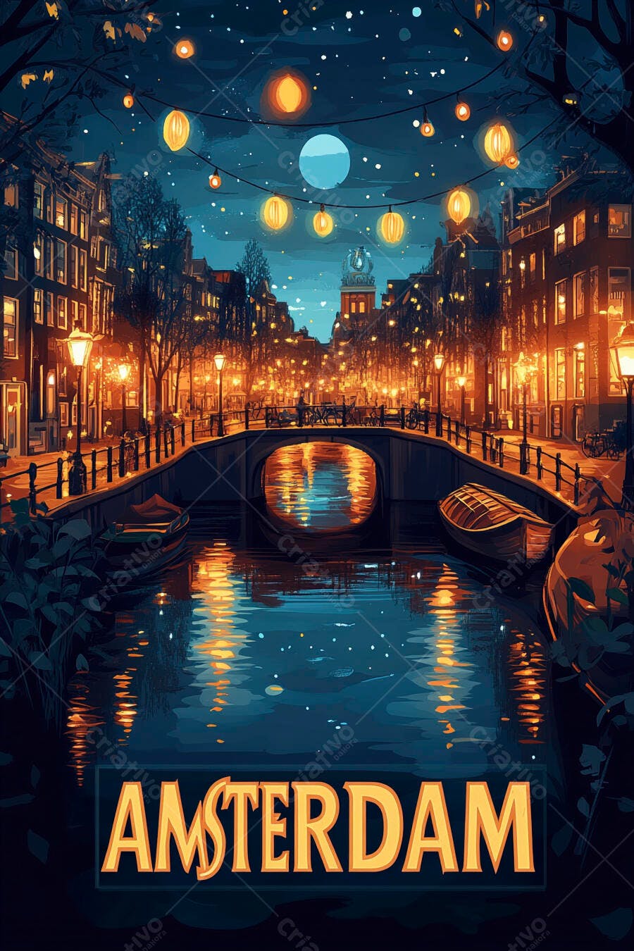 Ilustração Amsterdam Noite Ponte Canal Luzes Cidade