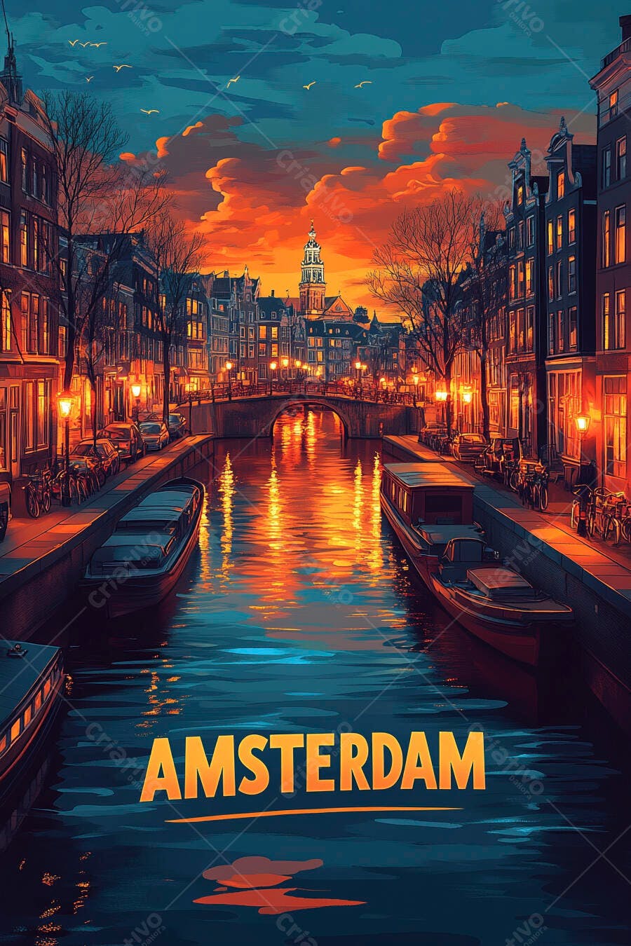 Ilustração Amsterdam Cidade Canal Entardecer Laranjado