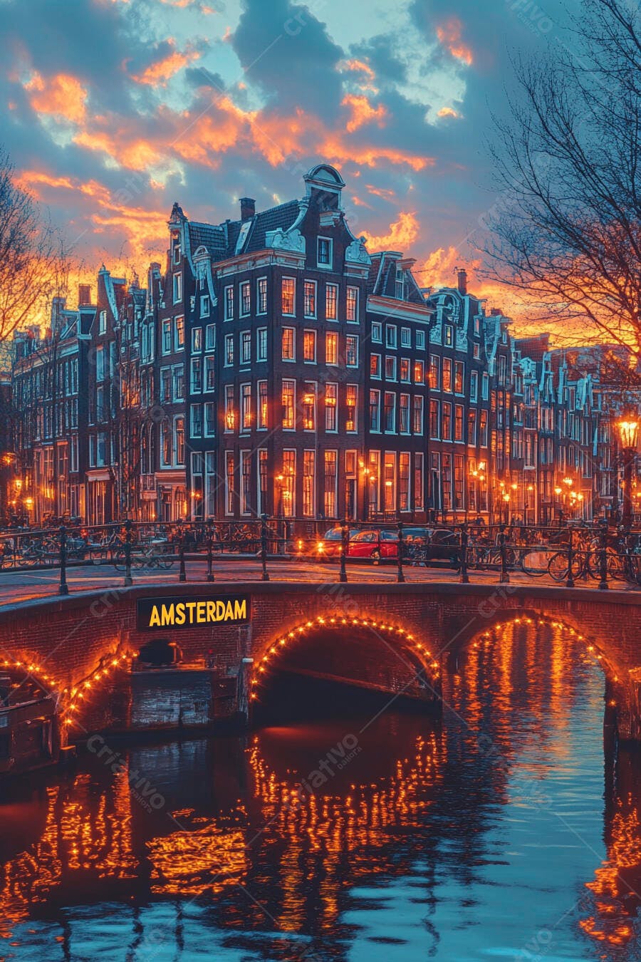 Foto Amsterdã Pôr do Sol Casas Antigas Ponte Iluminada